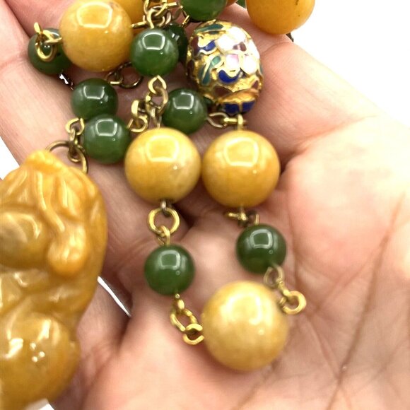 Yellow Jade & Green Nephrite Jade Cloisonne Beaded Carved Foo Dog Necklace 18" - Picture 12 of 12